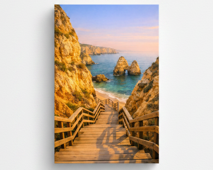 Praia do Camilo wooden stairway descending to turquoise sea Algarve coastal canvas wall art on white background - Portugal Canvas Co