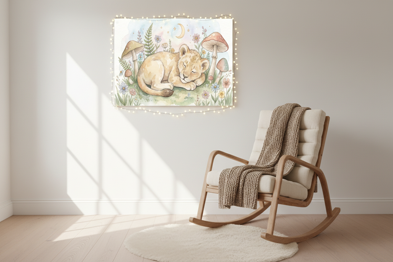 Sleeping baby lion cub nursery canvas wall art above a rocking chair in a cozy nursery reading nook - Portugal Canvas Co