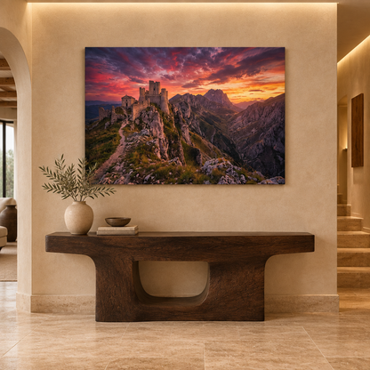 Mountain castle sunset canvas displayed above a dark oak console in an elegant entrance hall - Portugal Canvas Co