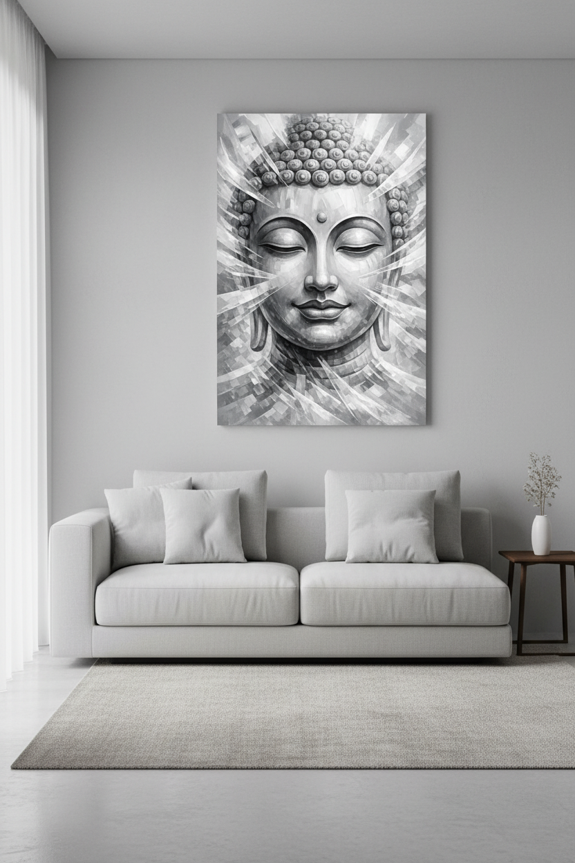 Monochrome grey white Buddha face abstract radiant canvas wall art above a light grey sofa in a sleek minimalist living room - Portugal Canvas Co