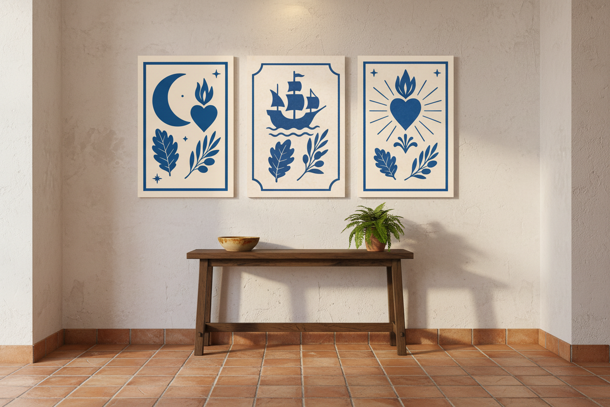 Nautical folk art moon ship and heart triptych canvas wall art set displayed in a warm rustic hallway entryway - Portugal Canvas Co