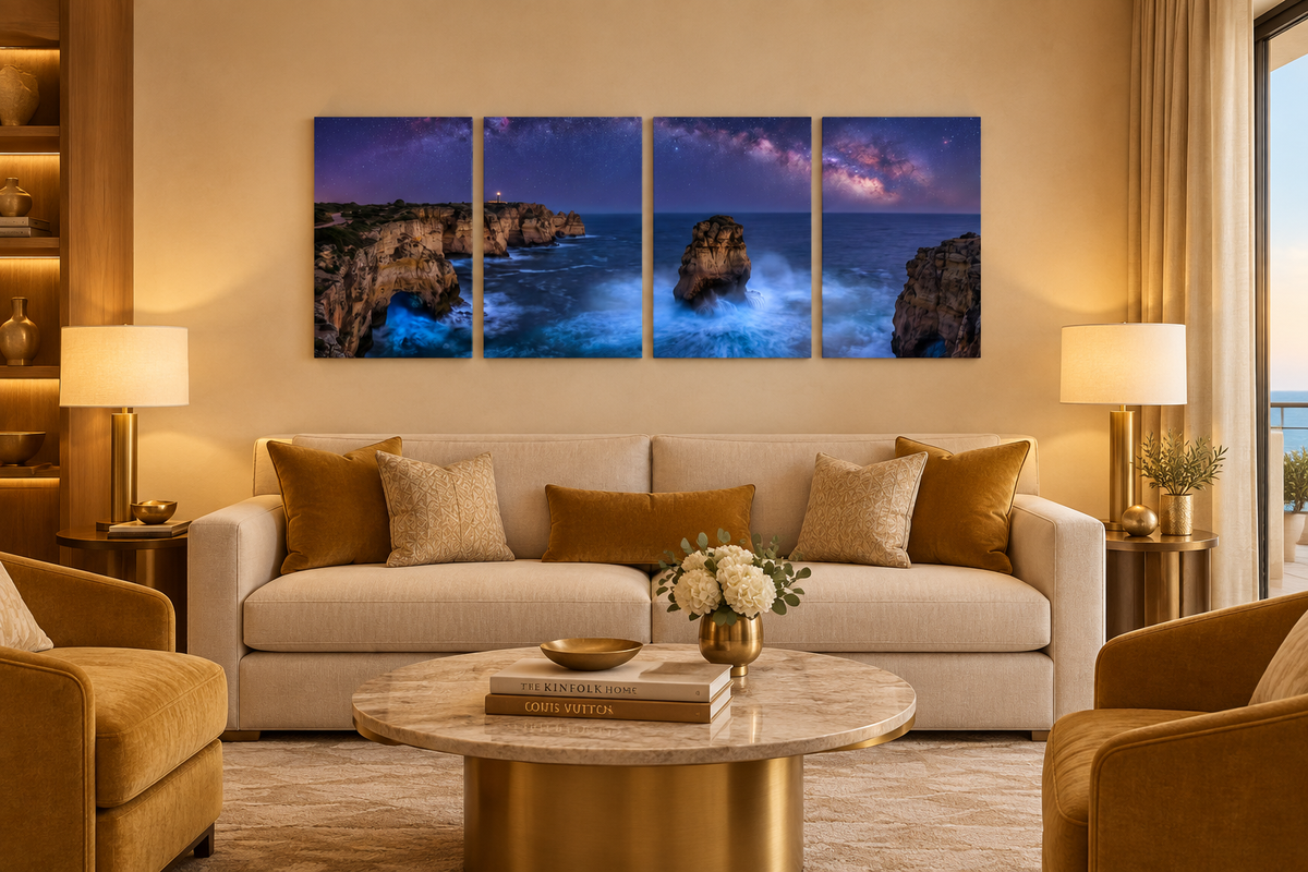Four-panel Algarve Milky Way seascape canvas in an ivory and ochre five-star hotel sitting room - Portugal Canvas Co