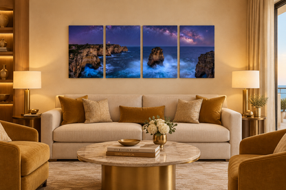 Four-panel Algarve Milky Way seascape canvas in an ivory and ochre five-star hotel sitting room - Portugal Canvas Co