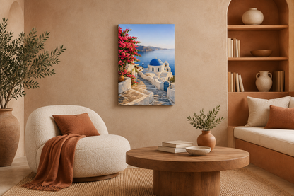 Portrait Santorini blue dome canvas in a warm terracotta and sand reading lounge with natural textures - Portugal Canvas Co