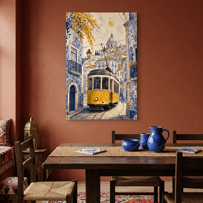 Yellow Lisbon tram canvas with golden foliage in a terracotta dining room - Portugal Canvas Co