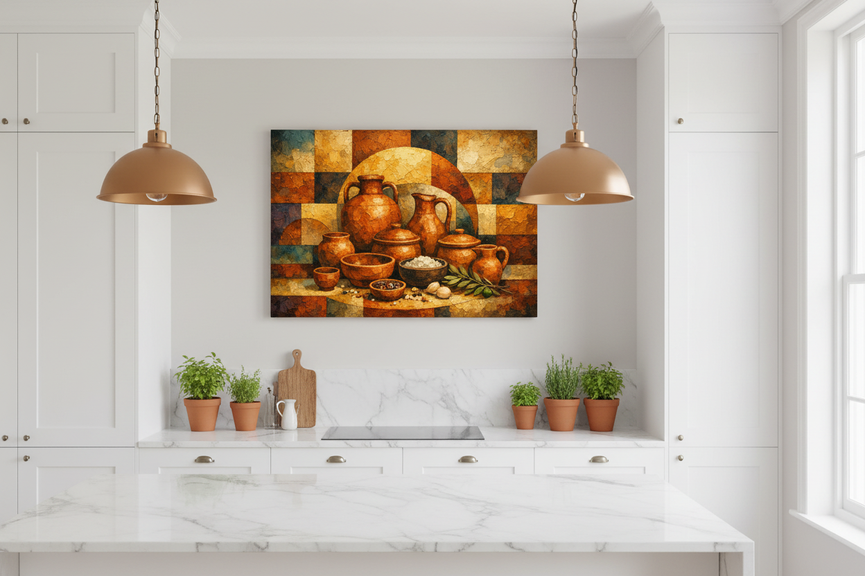 Terracotta ceramic pottery cubist still life canvas wall art displayed in a bright modern kitchen interior - Portugal Canvas Co