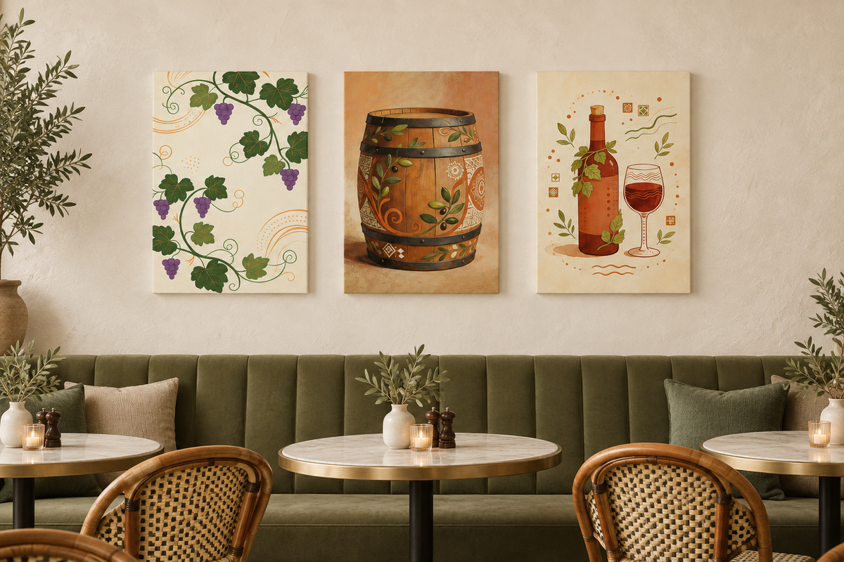 Grapevine, wine barrel and bottle canvas triptych above seating in an ivory cafe - Portugal Canvas Co
