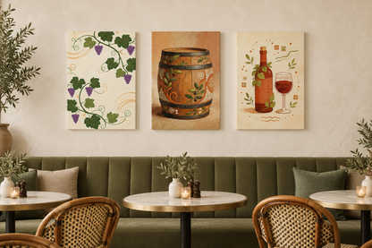 Grapevine, wine barrel and bottle canvas triptych above seating in an ivory cafe - Portugal Canvas Co