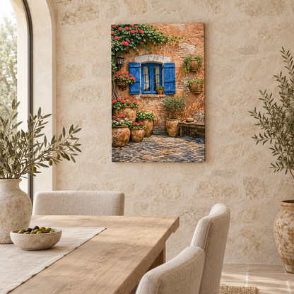 Portrait canvas of a terracotta courtyard with blue shutters and red flowers in a Mediterranean dining room - Portugal Canvas Co