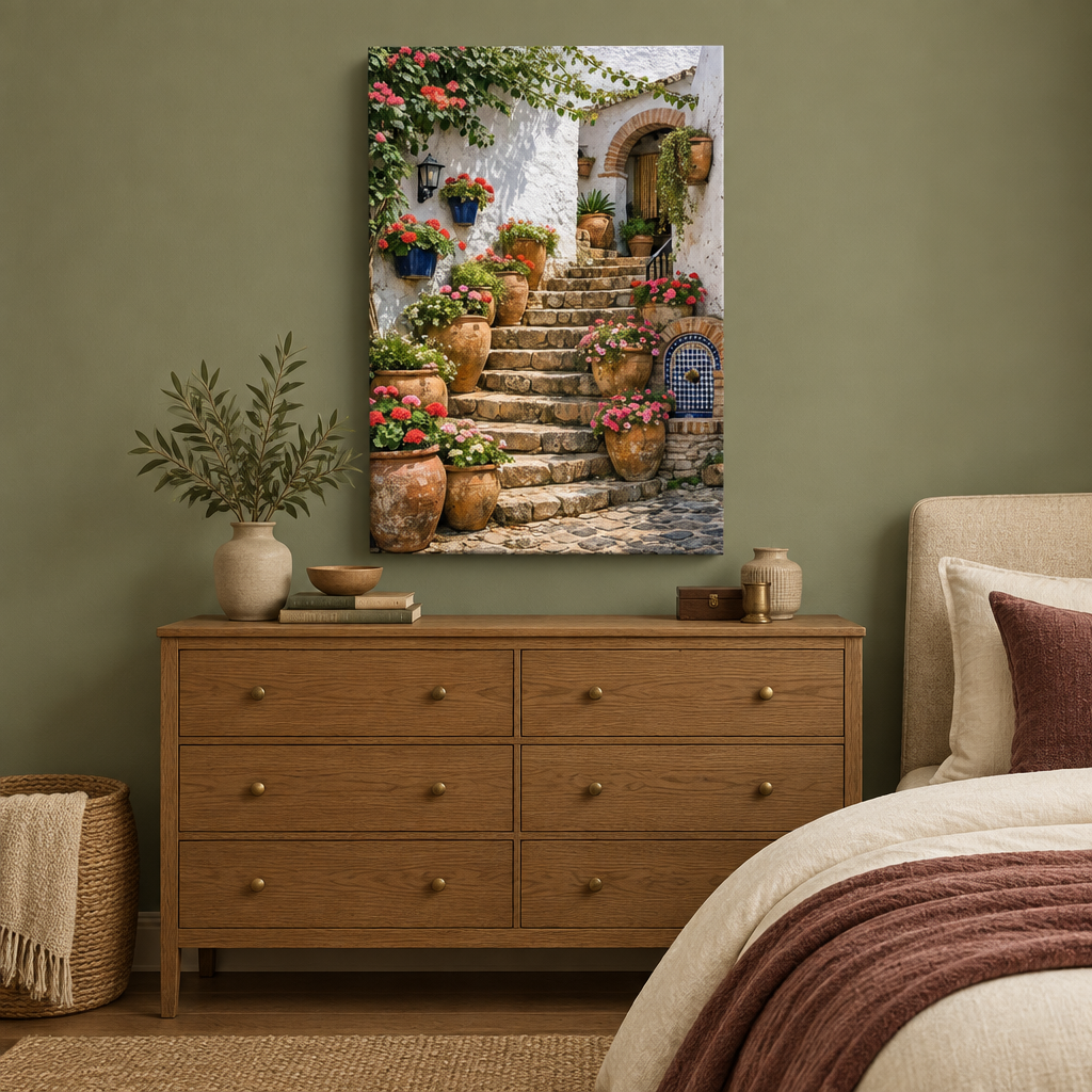 Mediterranean stone staircase canvas with flowers and terracotta pots above a dresser in a sage and burgundy bedroom - Portugal Canvas Co