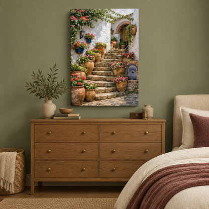 Mediterranean stone staircase canvas with flowers and terracotta pots above a dresser in a sage and burgundy bedroom - Portugal Canvas Co