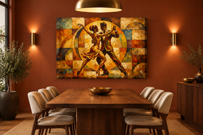 Geometric dancing couple canvas displayed in a warm contemporary dining room - Portugal Canvas Co