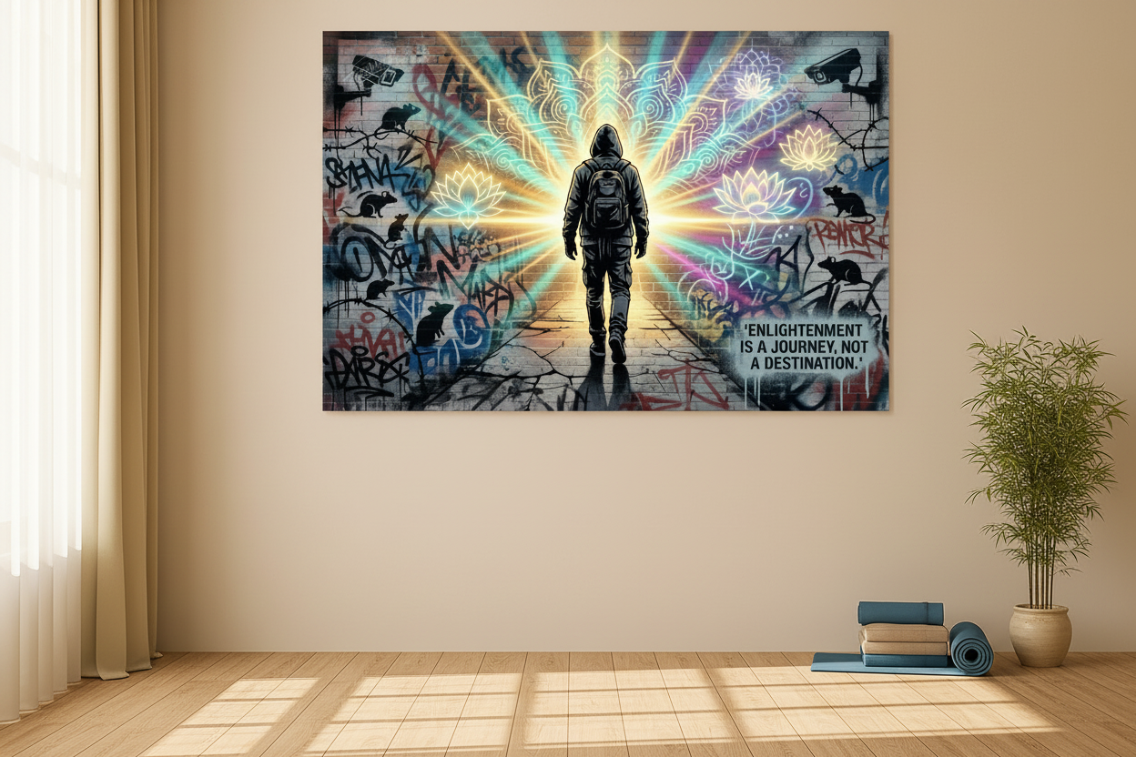 Enlightenment Is A Journey Not A Destination graffiti canvas print displayed in a minimalist meditation yoga room with wooden floors and natural light - Portugal Canvas Co