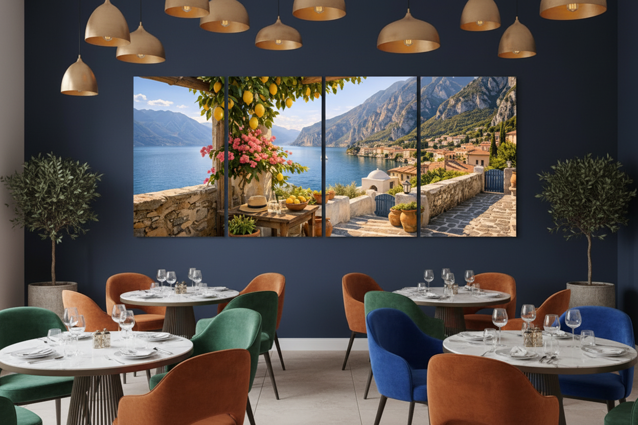 Hidden Mediterranean cove four-panel canvas wall art displayed in a high-end restaurant dining room with warm pendant lighting and marble tables - Portugal Canvas Co