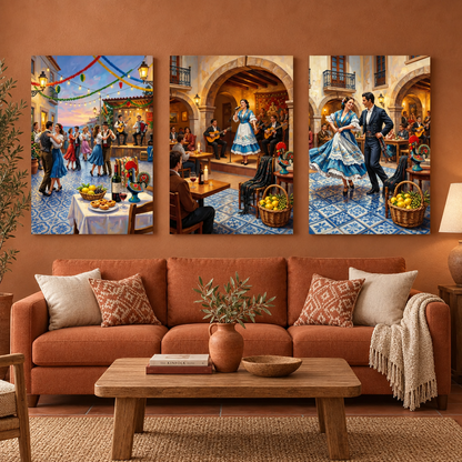 Three-piece Portuguese celebration canvas art above a terracotta living room sofa - Portugal Canvas Co
