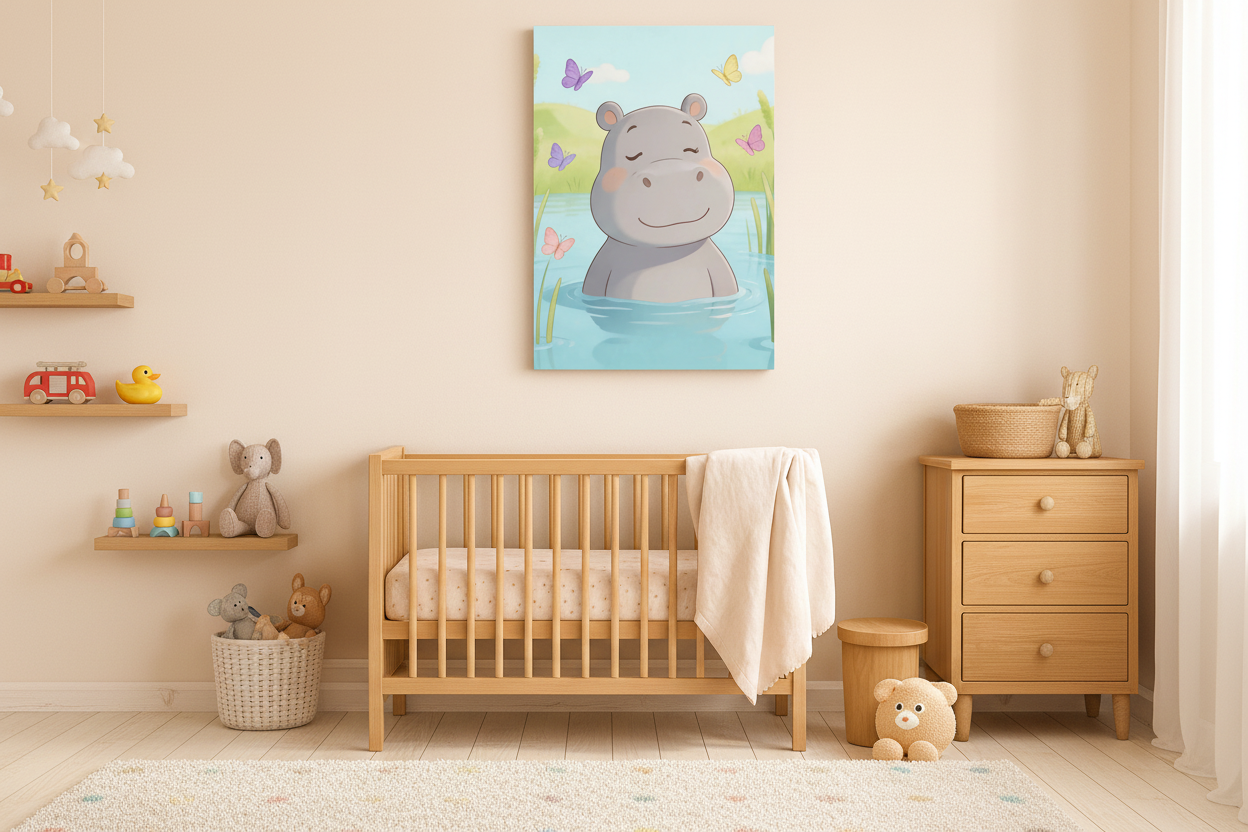 Cute hippo canvas wall art displayed in a bright children's bedroom with playful decor - Portugal Canvas Co