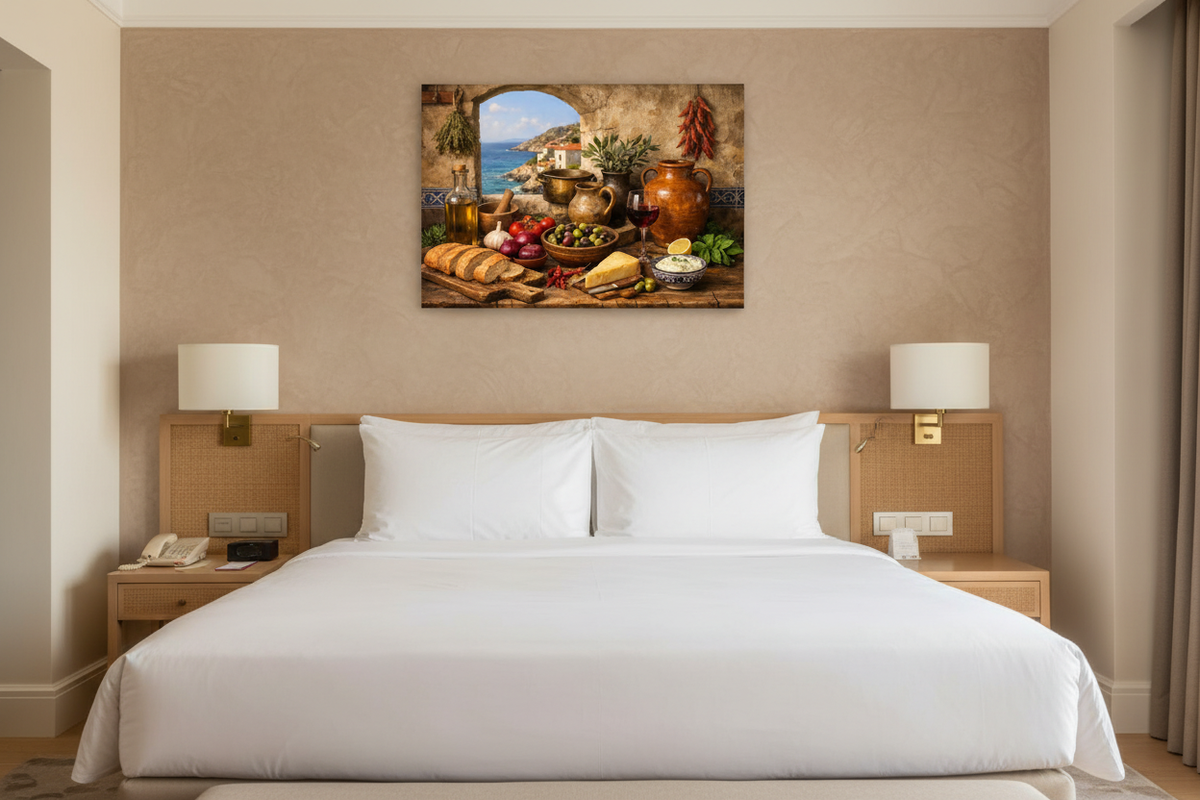 Mediterranean coastal kitchen still life canvas wall art displayed above a luxury hotel bed - Portugal Canvas Co