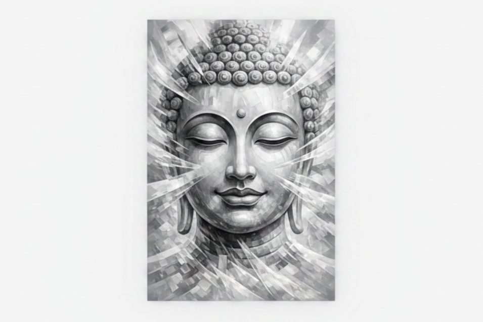 Monochrome grey white Buddha face abstract radiant light rays canvas print flat lay on white background - Portugal Canvas Co