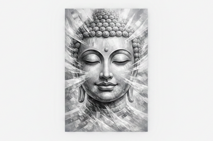 Monochrome grey white Buddha face abstract radiant light rays canvas print flat lay on white background - Portugal Canvas Co