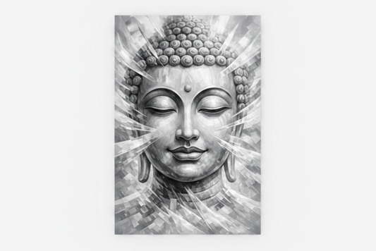 Monochrome grey white Buddha face abstract radiant light rays canvas print flat lay on white background - Portugal Canvas Co