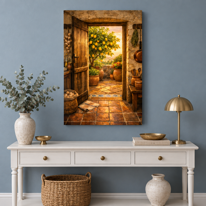 Rustic doorway and lemon tree canvas wall art in a dusty blue entryway - Portugal Canvas Co