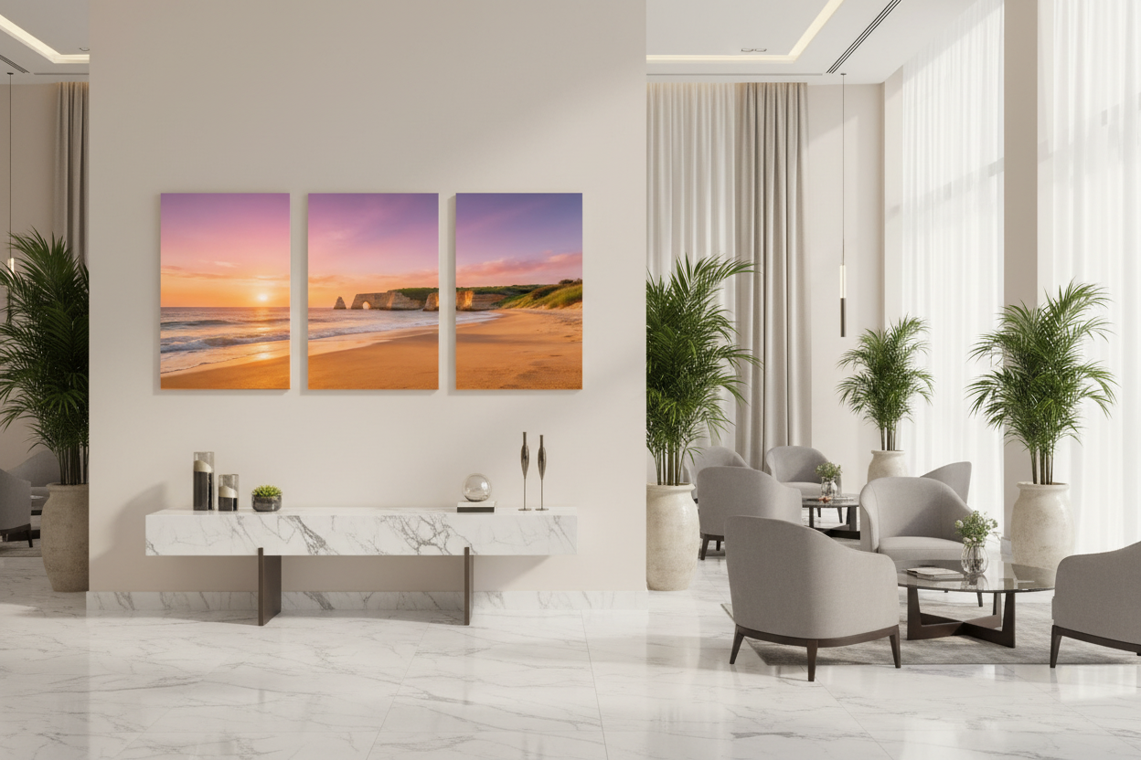 Algarve beach sunset triptych canvas wall art displayed in a luxury hotel lobby reception area - Portugal Canvas Co