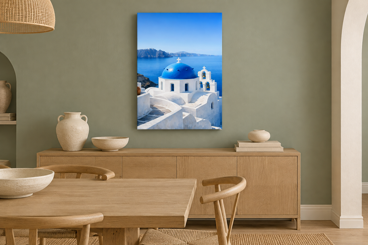 Portrait Santorini blue-dome canvas in a sage dining room above a light-oak sideboard - Portugal Canvas Co