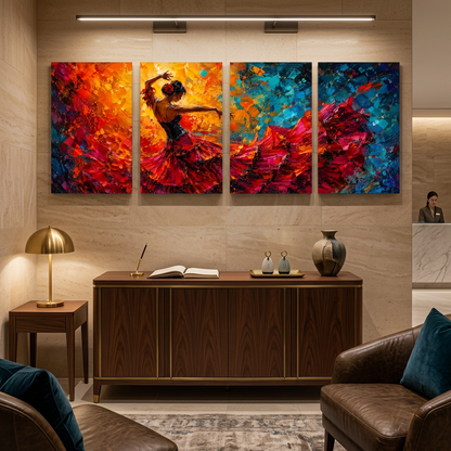 Four-panel flamenco dancer canvas artwork above a walnut console in a boutique hotel lobby - Portugal Canvas Co