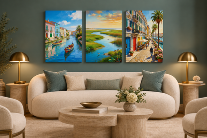 Aveiro canal, marsh and riverside street three-panel canvas set in a luxury coastal hotel lounge - Portugal Canvas Co