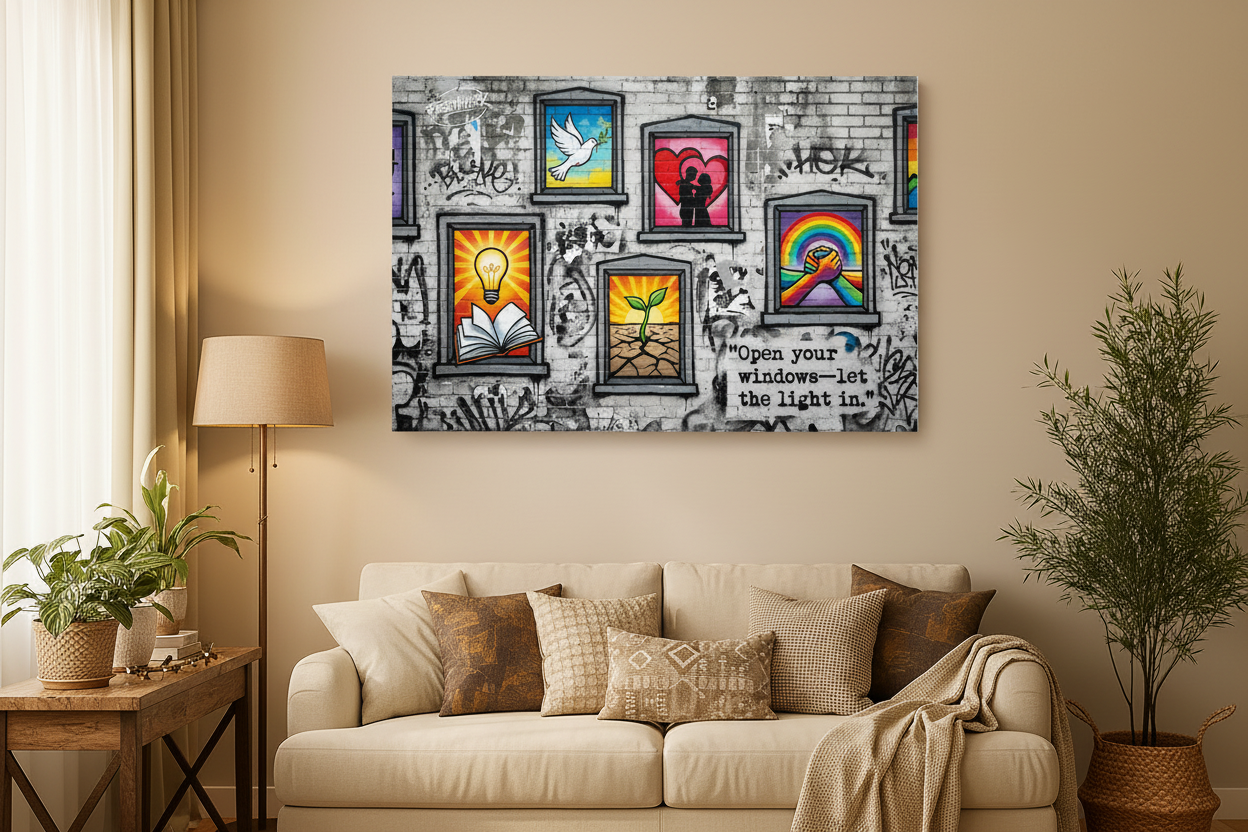 Open your windows let the light in Banksy style canvas wall art displayed on the wall of a bright bohemian living room with cream sofa and warm ambient lighting - Portugal Canvas Co
