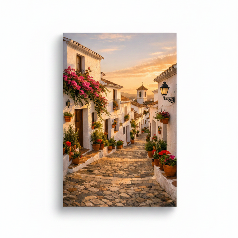 Whitewashed Mediterranean village street at golden hour canvas wall art on white background - Portugal Canvas Co