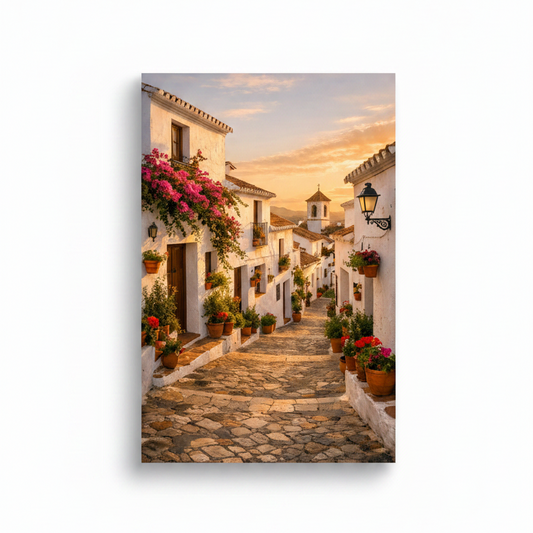 Whitewashed Mediterranean village street at golden hour canvas wall art on white background - Portugal Canvas Co