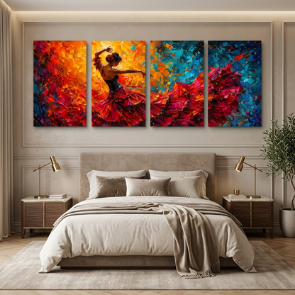 Four-panel flamenco dancer canvas artwork in red, orange and teal above a bed in a neutral bedroom - Portugal Canvas Co