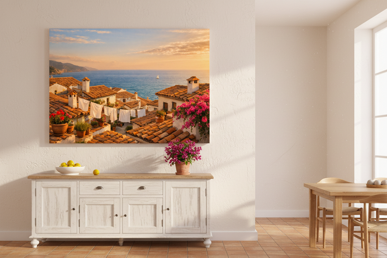 Mediterranean rooftop village at sunset canvas wall art above whitewashed sideboard in coastal dining room with lemons and bougainvillea - Portugal Canvas Co