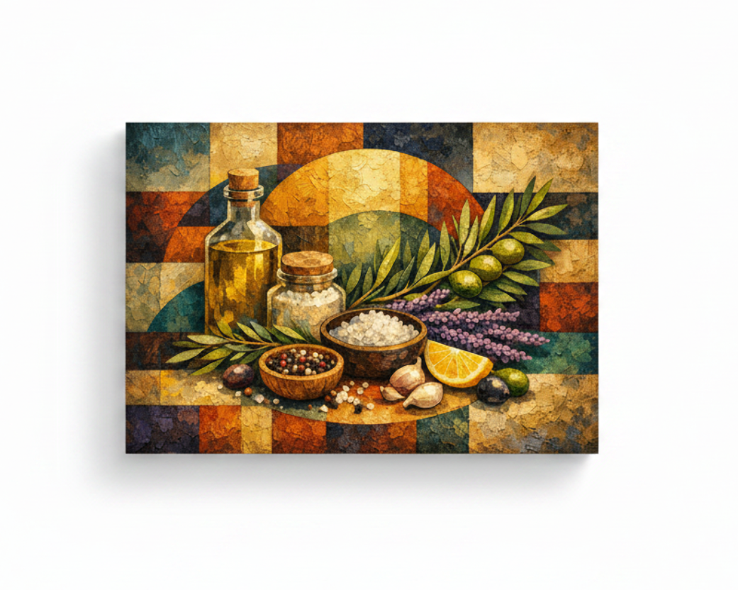 Mediterranean ingredients still life cubist canvas wall art with olive oil herbs and spices on white background - Portugal Canvas Co