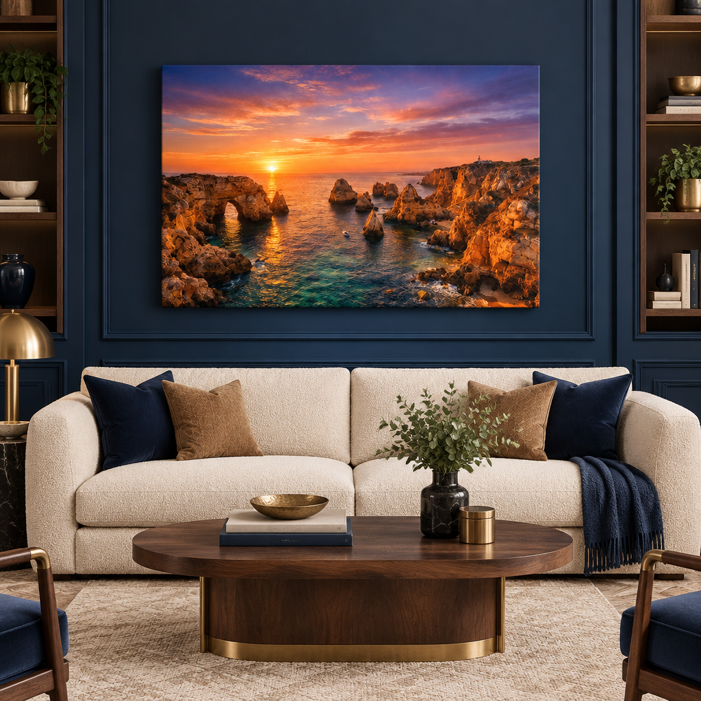 Ponta da Piedade sunset canvas in a navy living room - Portugal Canvas Co