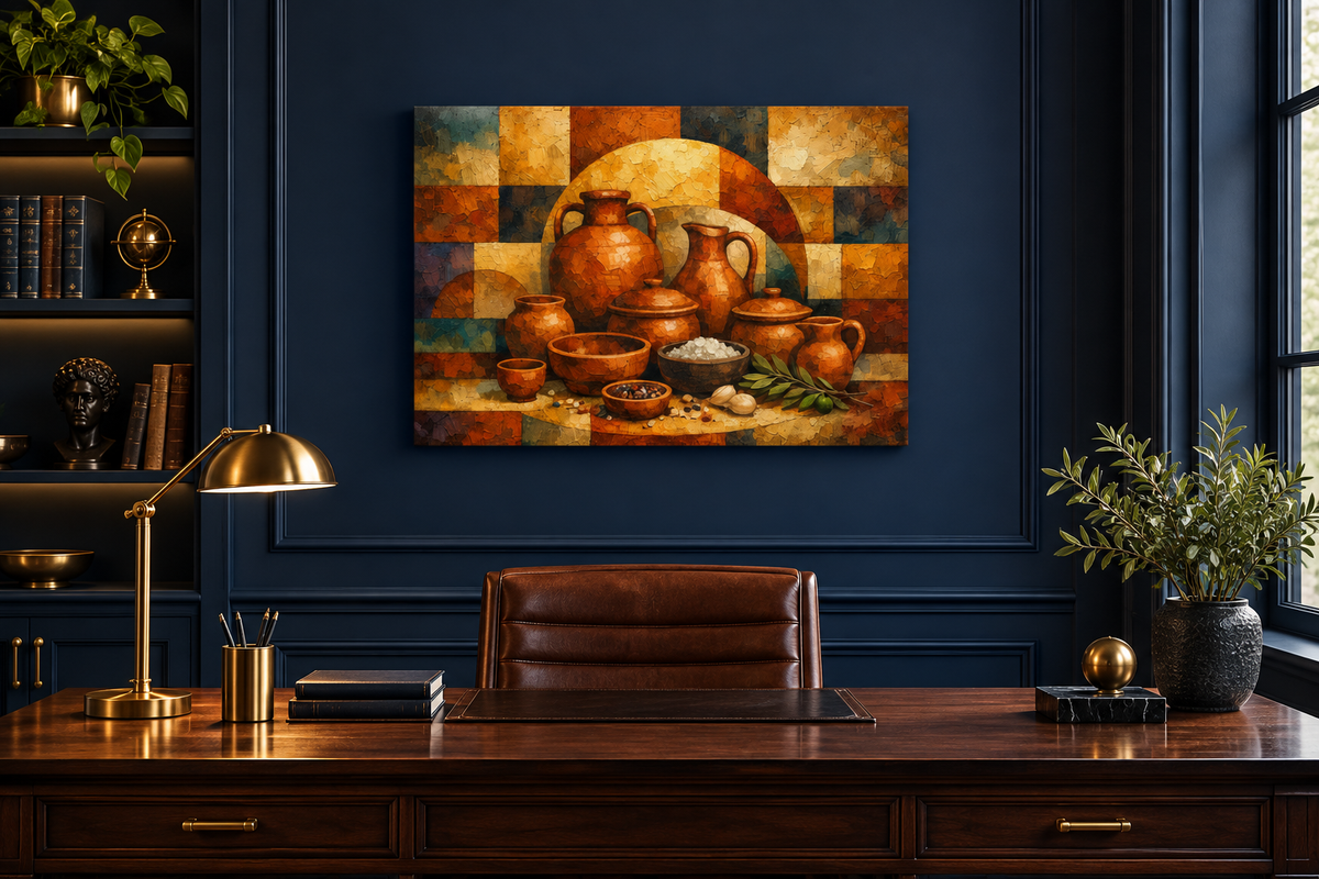 Terracotta ceramic still life gallery-wrapped canvas in a deep navy study - Portugal Canvas Co