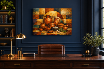 Terracotta ceramic still life gallery-wrapped canvas in a deep navy study - Portugal Canvas Co