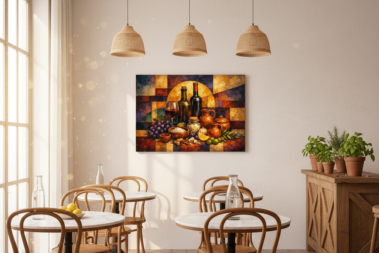 Grapes & Harvest Still Life Canvas displayed in a stylish Mediterranean bistro - Portugal Canvas Co