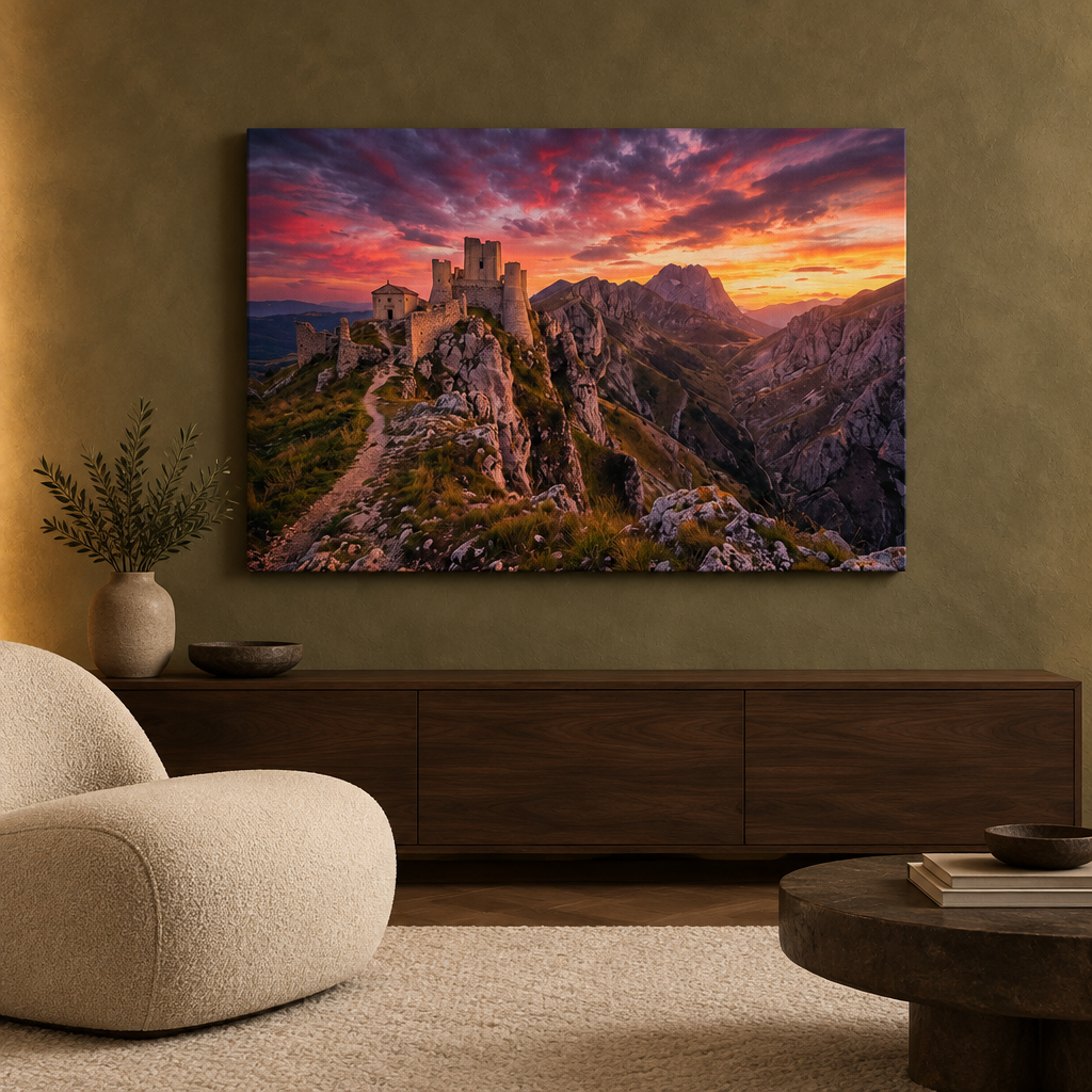 Mountain castle sunset canvas displayed in an olive designer lounge with cream chair - Portugal Canvas Co