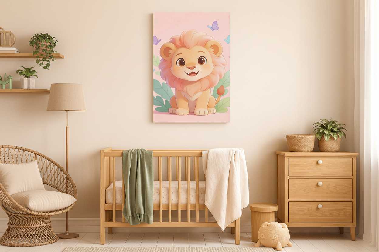 Cute lion canvas wall art displayed in a sage green nursery with rattan furniture - Portugal Canvas Co