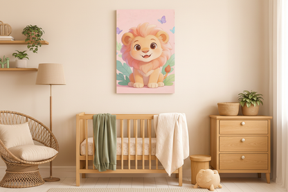 Cute lion canvas wall art displayed in a sage green nursery with rattan furniture - Portugal Canvas Co