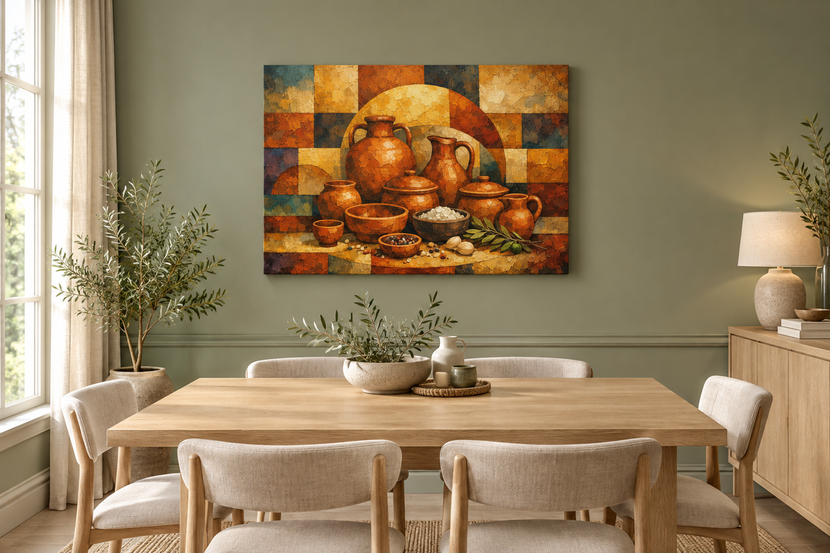 Terracotta ceramic still life gallery-wrapped canvas in a sage-green dining room - Portugal Canvas Co