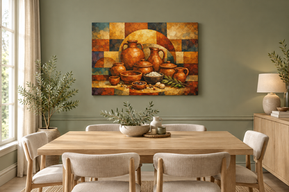 Terracotta ceramic still life gallery-wrapped canvas in a sage-green dining room - Portugal Canvas Co