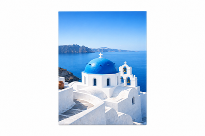 Portrait Santorini blue-dome canvas, whitewashed church and deep-blue Aegean Sea on white background - Portugal Canvas Co