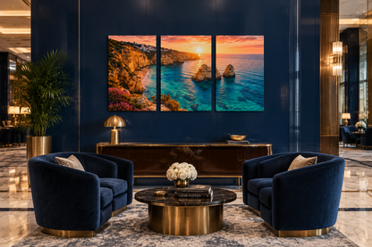 Algarve golden cliffs sunset triptych canvas on a navy wall in a five-star hotel lobby - Portugal Canvas Co