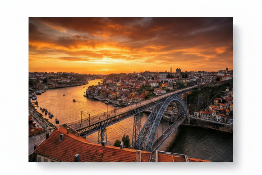 Porto cityscape Dom Luis I bridge sunset canvas wall art flat lay on white background - Portugal Canvas Co