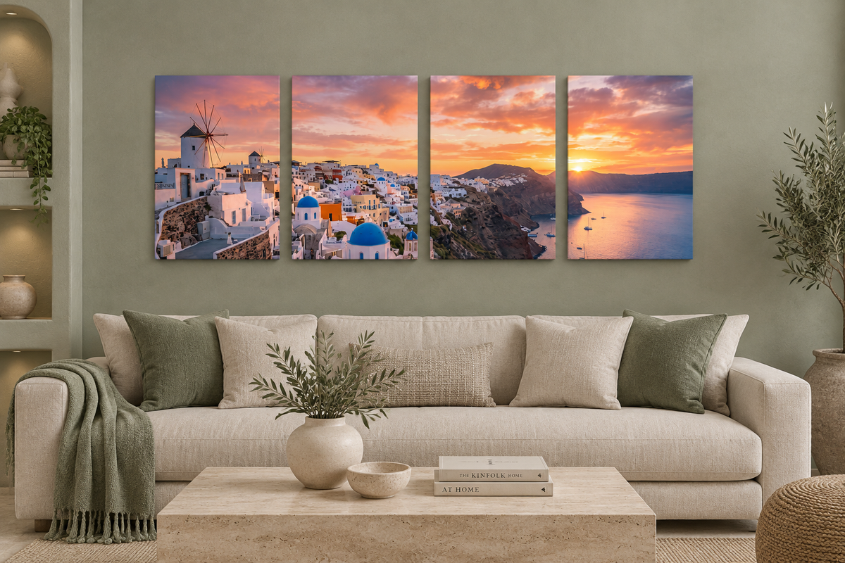 Santorini Sunset four-panel canvas in a sage green boutique hotel lounge with travertine table - Portugal Canvas Co