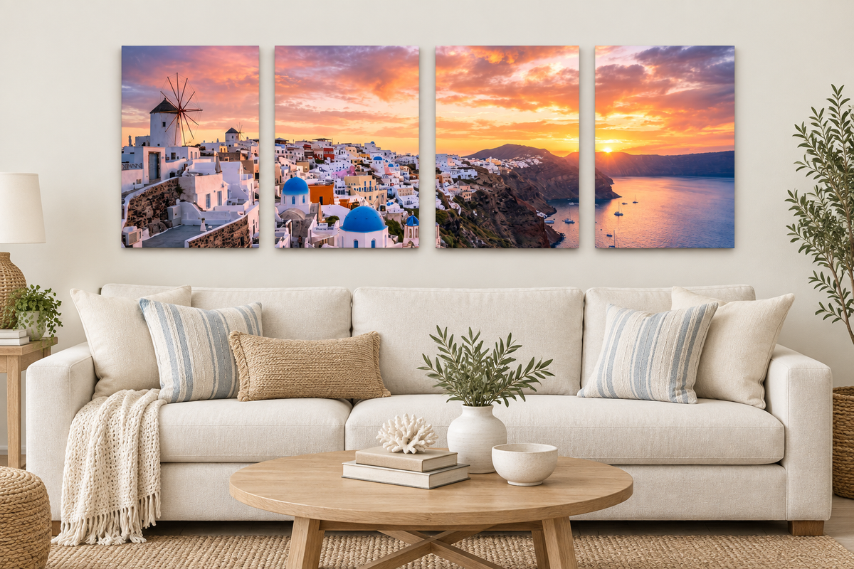 Santorini Sunset four-panel canvas above a cream sofa in an ivory and oak coastal living room - Portugal Canvas Co