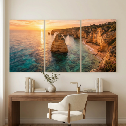 Algarve coastal sunset three-panel canvas above a walnut desk in a home office - Portugal Canvas Co